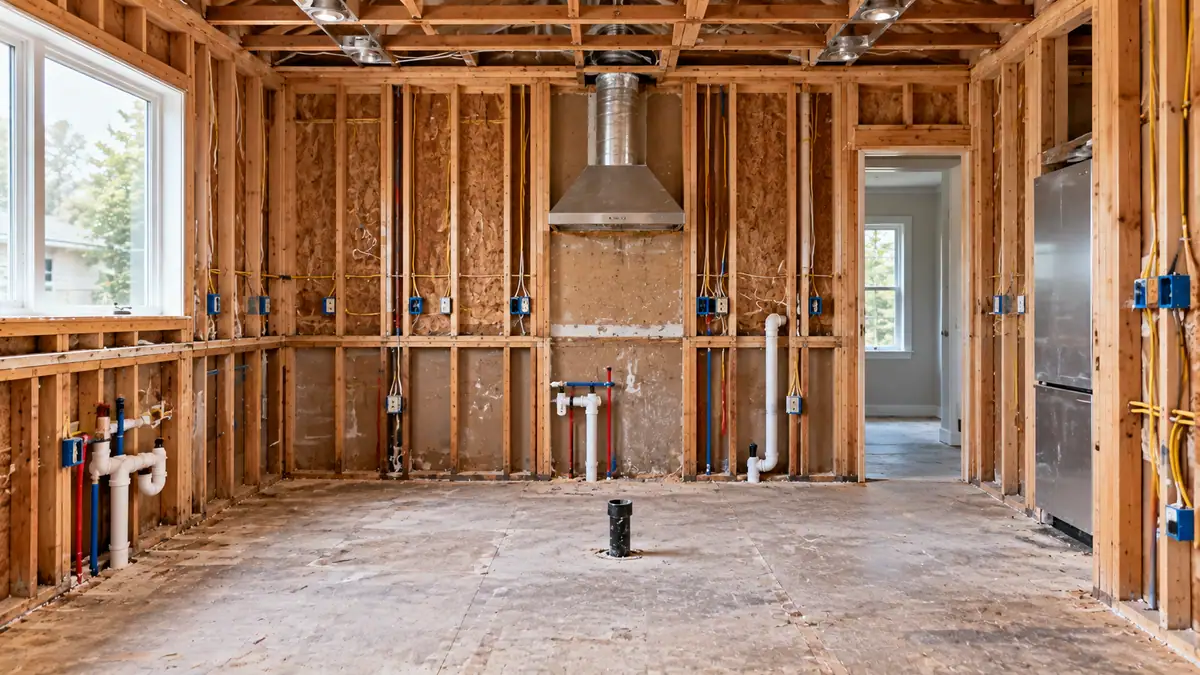 Kitchen stripped back to the wall studs, with the plumbing and wiring left in place