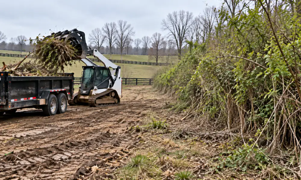 Skid steer loading cleared brush and small trees into a dump trailer on an overgrown Central Kentucky pasture