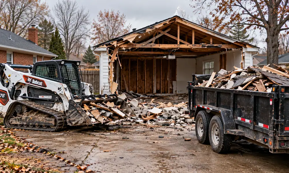 Skid steer clearing the debris of a partly demolished garage beside a loaded dump trailer