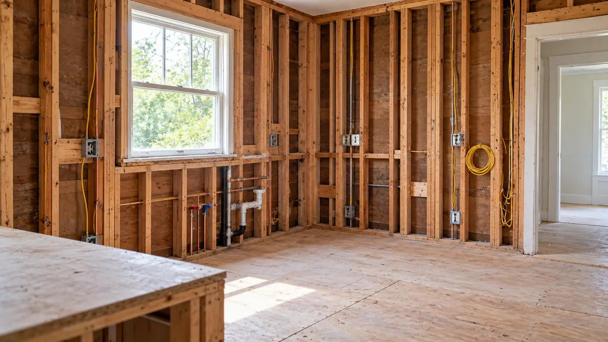 Professionally gutted room stripped to clean studs with swept subfloor and capped utilities, ready for a remodeling contractor