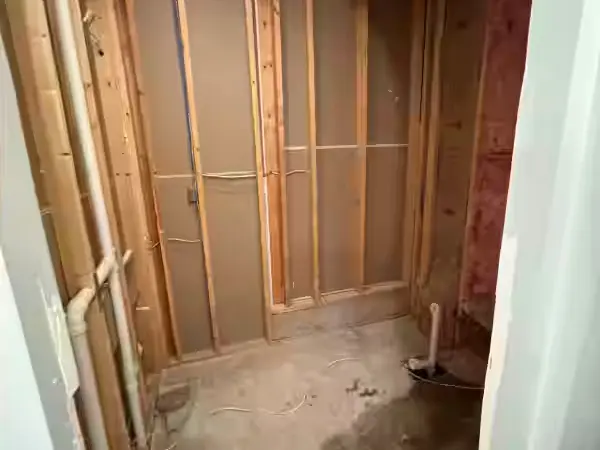 The same bathroom stripped back to the studs