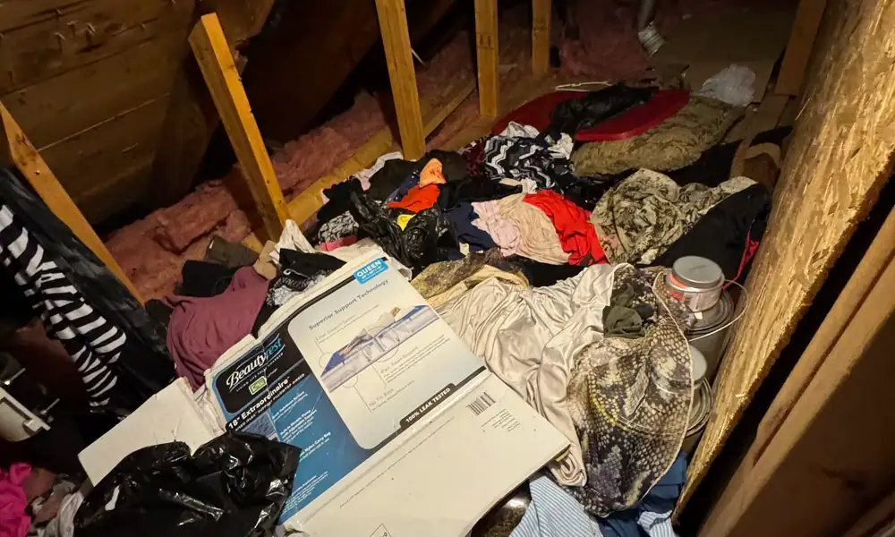 Attic crawl space full of clothes and boxes