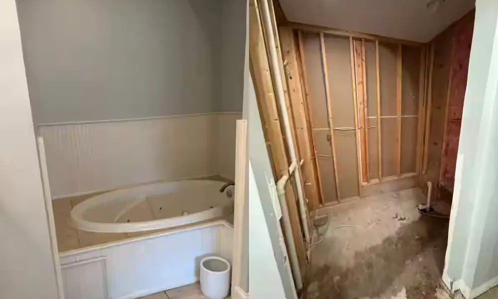 Bathroom shown before and after being stripped to the studs