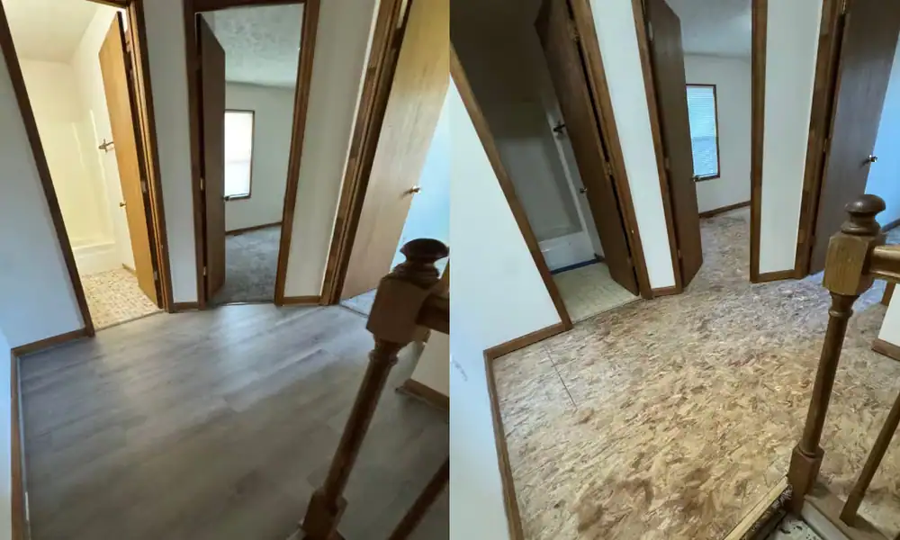 Hallway flooring shown before and after removal to the subfloor