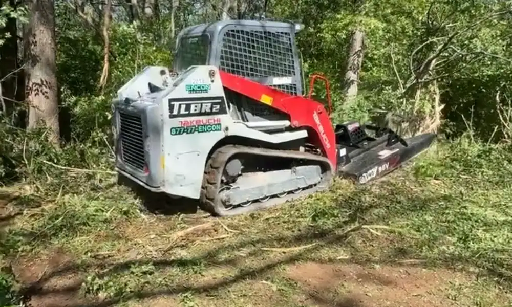 Skid steer with a brush cutter clearing an overgrown wooded lot