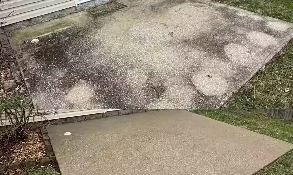 Concrete patio shown before and after pressure washing
