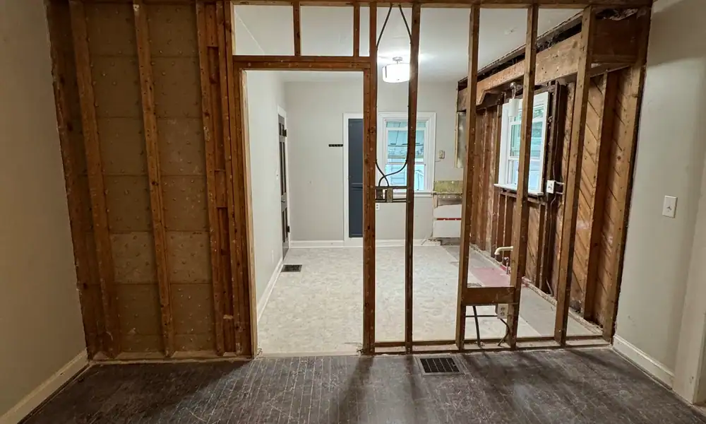 Interior room stripped back to the wall studs