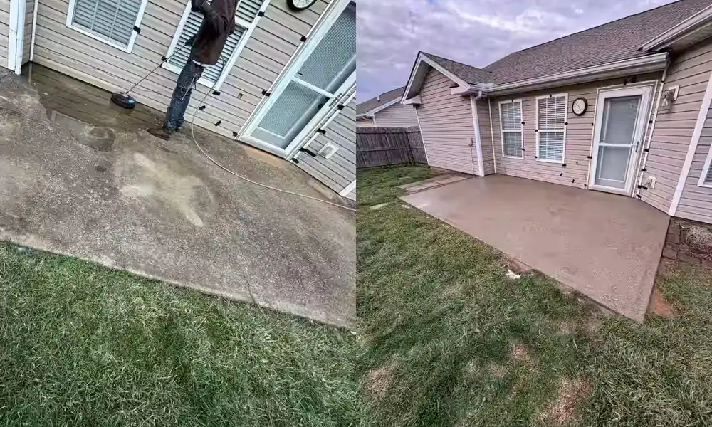 Patio shown before and after pressure washing
