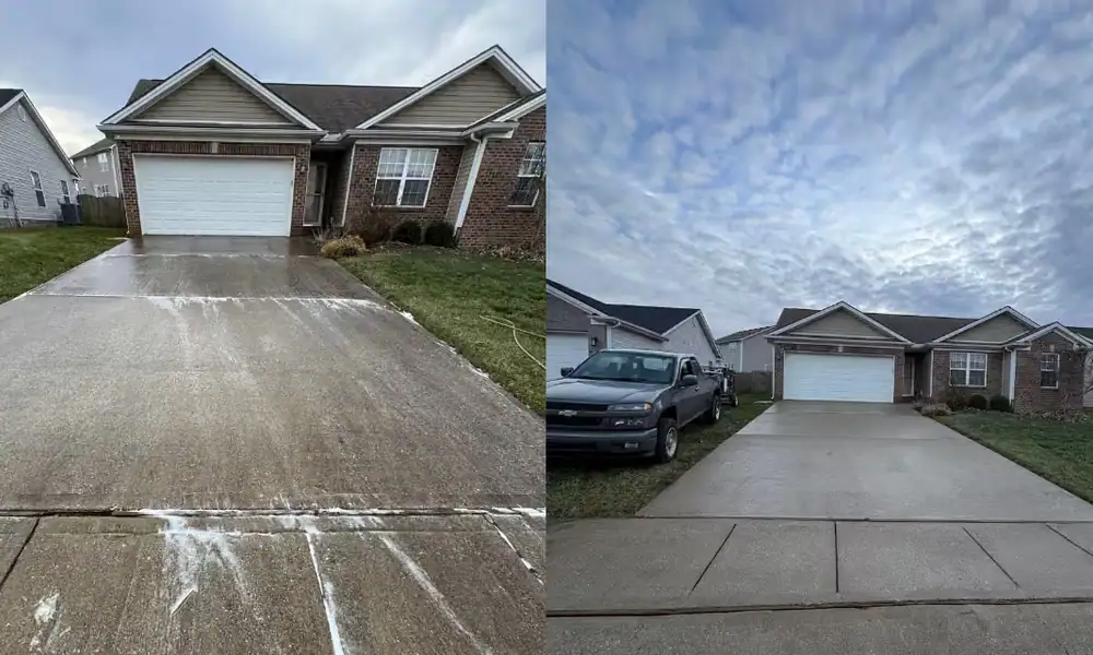 Driveway shown before and after pressure washing